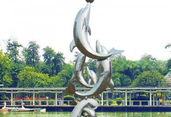 不锈钢海豚戏球动物雕塑-不锈钢公园海豚戏球雕塑