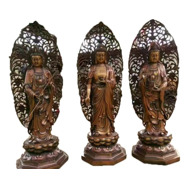 宗教庙宇西方三圣铜雕-铸铜佛像西方三圣雕塑高清图片