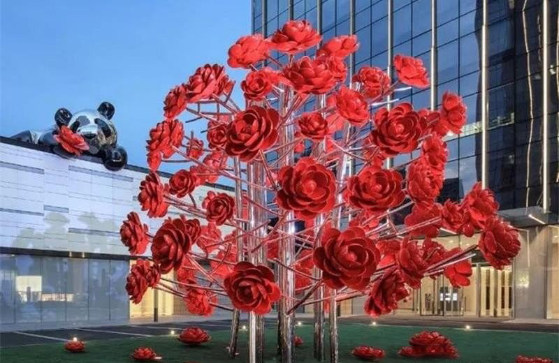 不锈钢广场玫瑰花树雕塑-不锈钢玫瑰花树雕塑高清图片