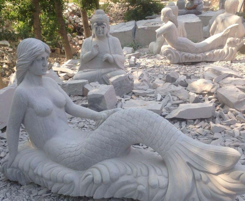 公园景区美人鱼石雕-大理石美人鱼雕塑高清图片