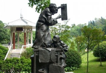 公园小品贴春联的父子铜雕-公园人物贴春联的父子铜雕