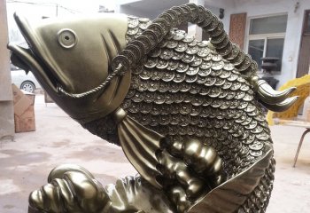 企业铜钱鲤鱼雕塑-招财鲤鱼铜雕