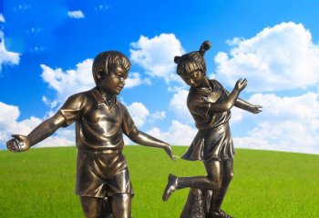 铜雕儿童踢毽子-公园人物儿童踢毽子铜雕