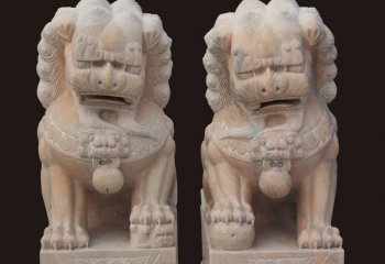 门口传统石狮子雕塑-晚霞红传统狮子石雕