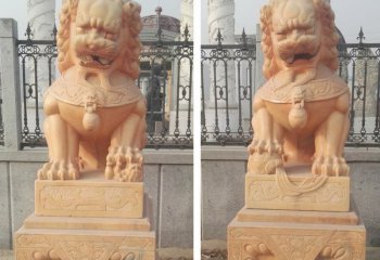 晚霞红石材北京狮雕塑-晚霞红看门镇宅北京狮石雕