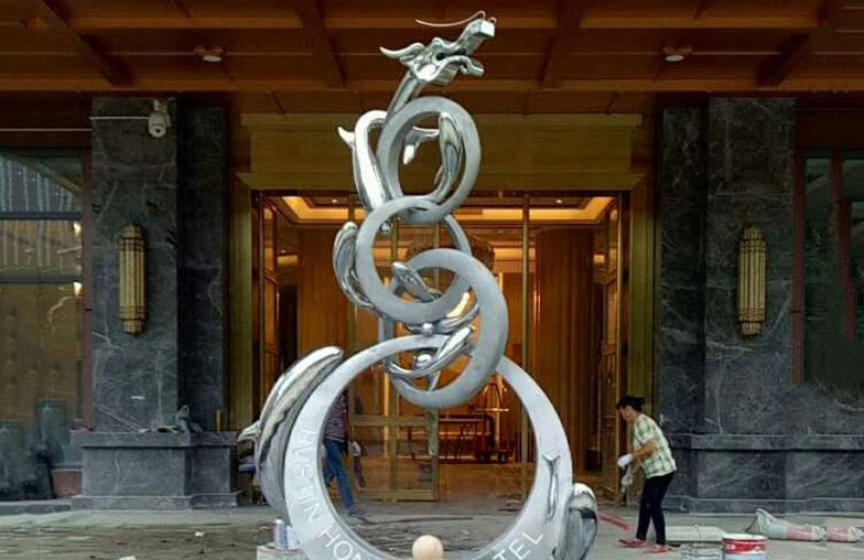 酒店不锈钢抽象鱼跃龙门雕塑-不锈钢鱼跃龙门雕塑高清图片