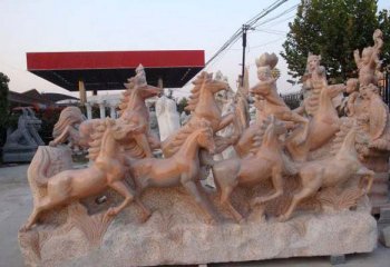 八匹马石雕-八骏图石雕晚霞红动物雕塑