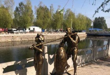抬鱼人物铜雕-抬鱼人物铜雕，民俗抬鱼人物铜雕