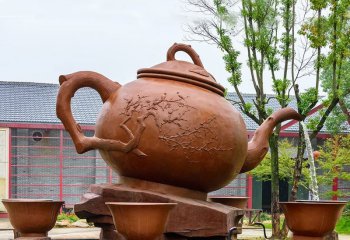 玻璃钢仿木流水茶壶雕塑-玻璃钢茶壶雕塑 仿木茶壶雕塑