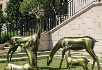 公园动物梅花鹿一家铜雕-公园动物铜雕 梅花鹿铜雕